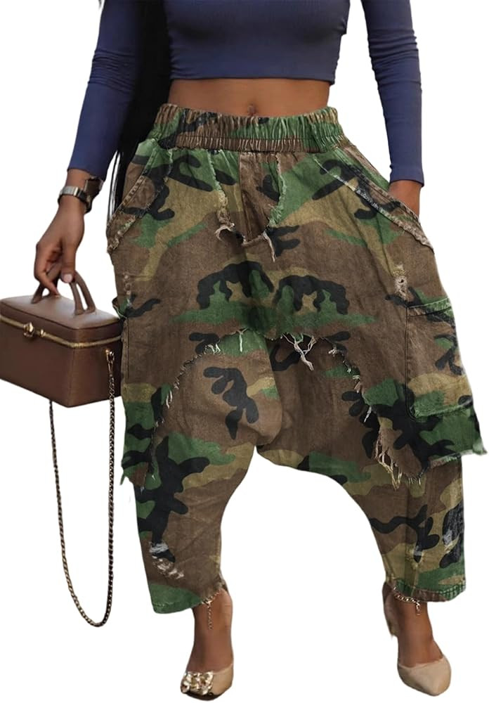 LETSVDO Womens Baggy Harem Jeans Elastic Waist Wide Leg Barrel Cargo Patchwork Ripped Hippie Crop... | Amazon (US)