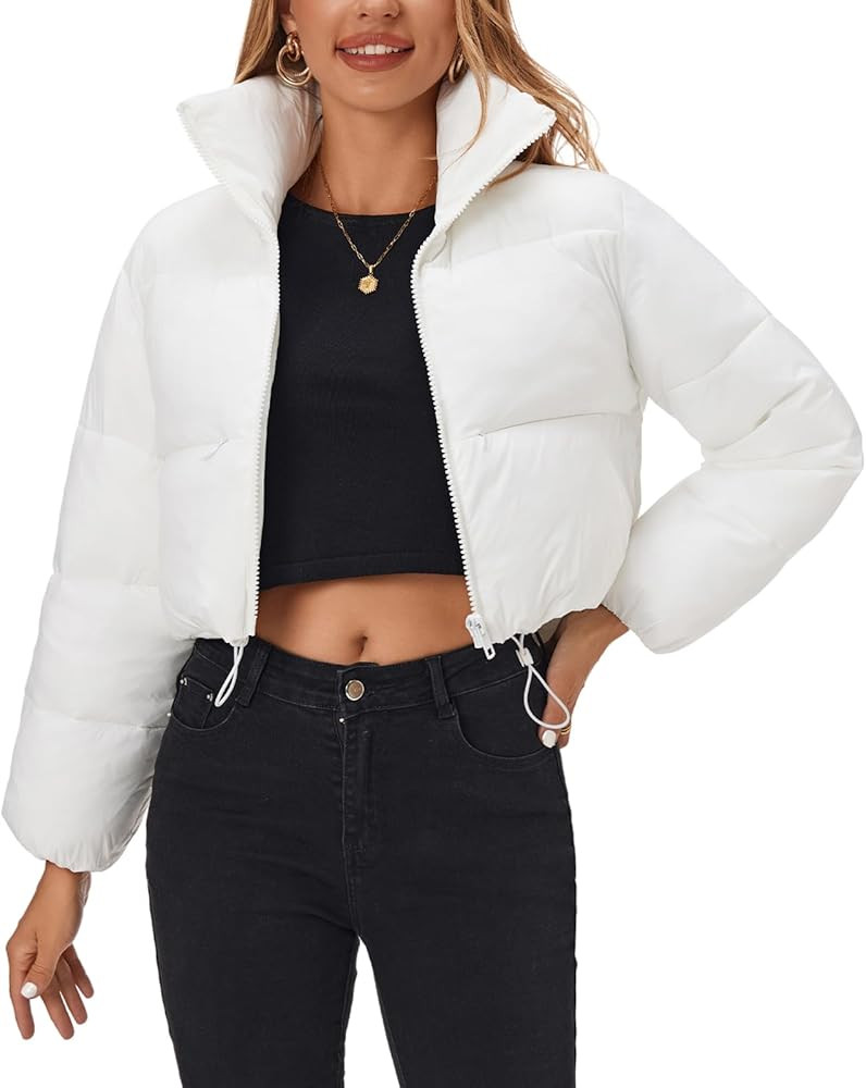 Fuinloth Women's Puffer Jacket, High Stand Collar Zip Pocket Crop Long Sleeve Coat | Amazon (US)