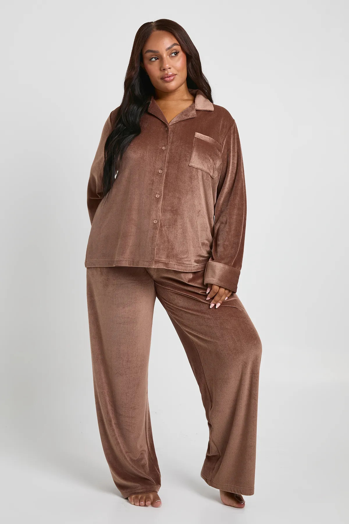Plus Rib Velour Trouser PJ Set | Boohoo.com (UK & IE)