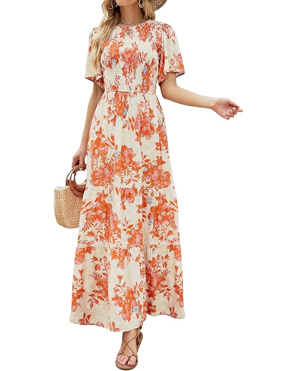 ZESICA Women's 2024 Summer Casual Floral Print Short Flutter Sleeve Crew Neck Smocked High Waist ... | Amazon (US)