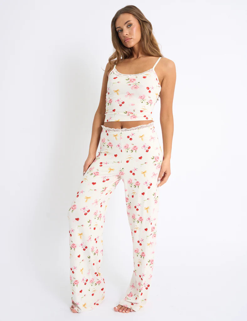 Kaiia Cherry Rose Print Cami Top & Trousers PJ Set Cream | Public Desire