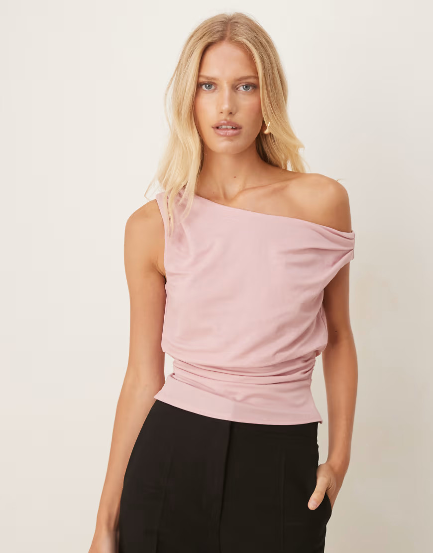 ASOS DESIGN linen look one-shoulder draped top in pink | ASOS (Global)