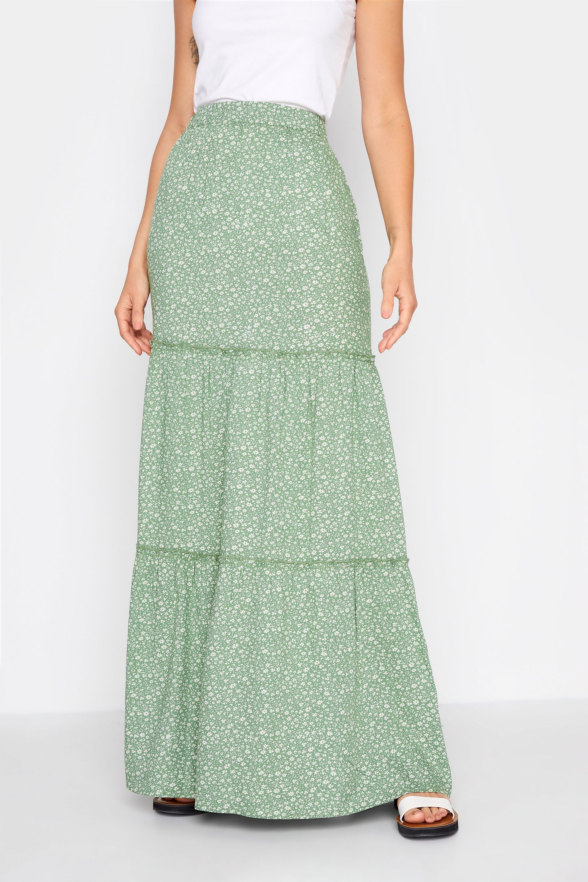 LTS Tall Green Floral Tiered Maxi Skirt | Long Tall Sally