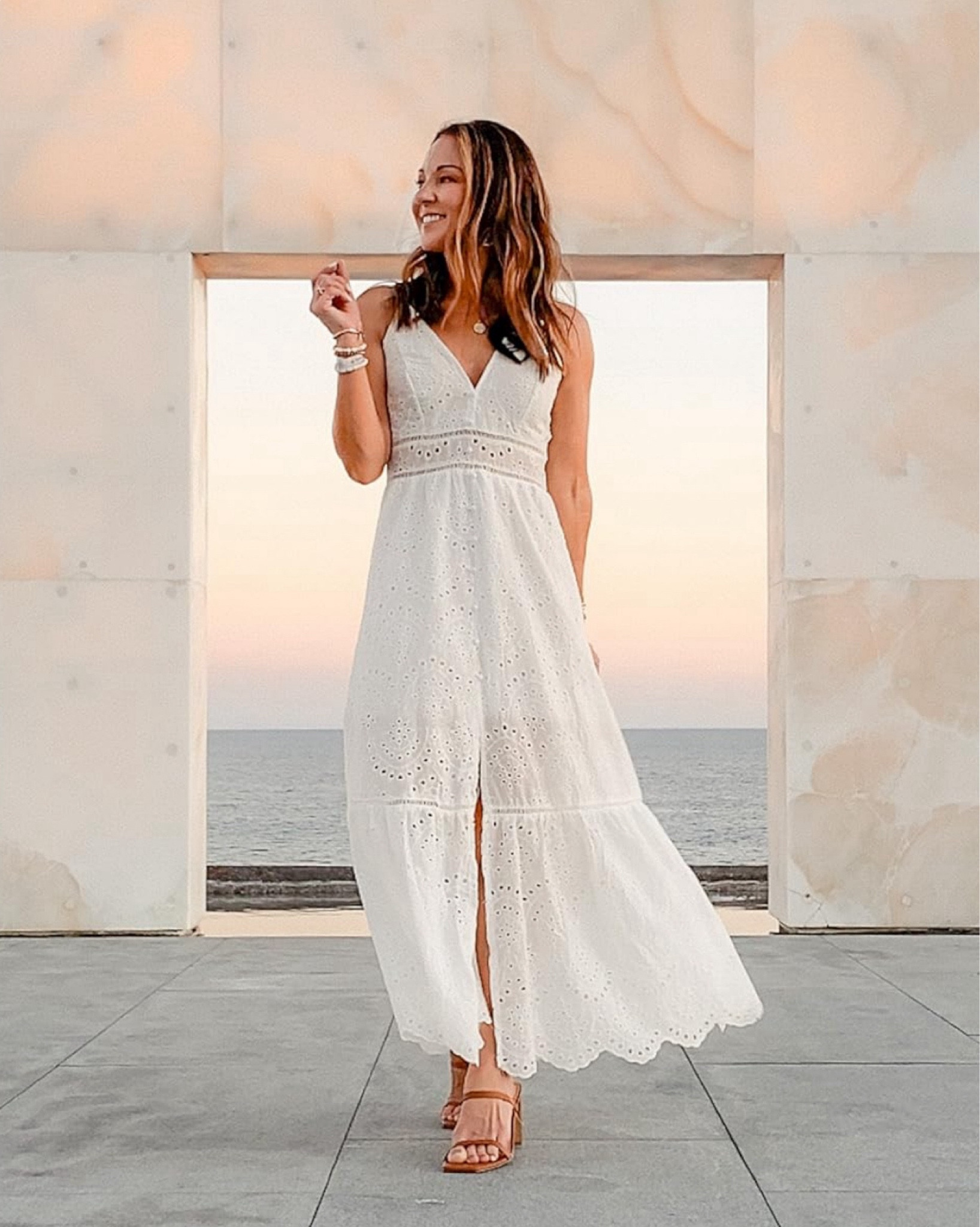 Amazon Beach Fashion | white lace dress, womens maxi dress, brown strap heels TTS, nipple covers. Wearing a 0-2 in the dress.. 

#LTKstyletip #LTKover40 #LTKtravel