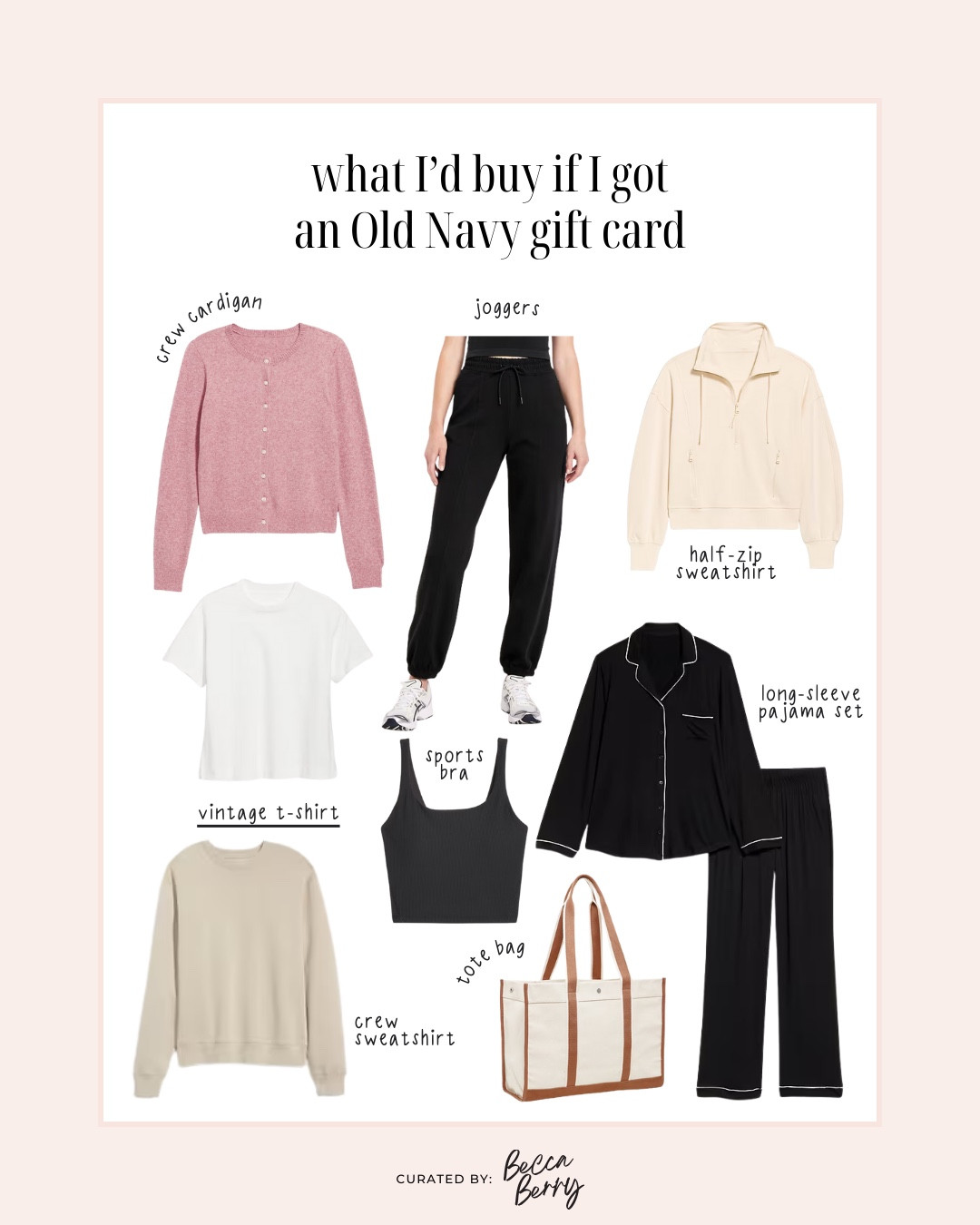 What I’d buy with an Old Navy gift card:
* Cardigan (have in multiple colors)
* Joggers (great for errands and WFH days)
* Vintage t-shirt (great base layer and have repurchased)
* Long line sports bra
* Crew neck sweatshirt
* Tote bag
* 2 piece pajama set
* Half zip sweatshirt 

#LTKMidsize #LTKFindsUnder50 #LTKActive