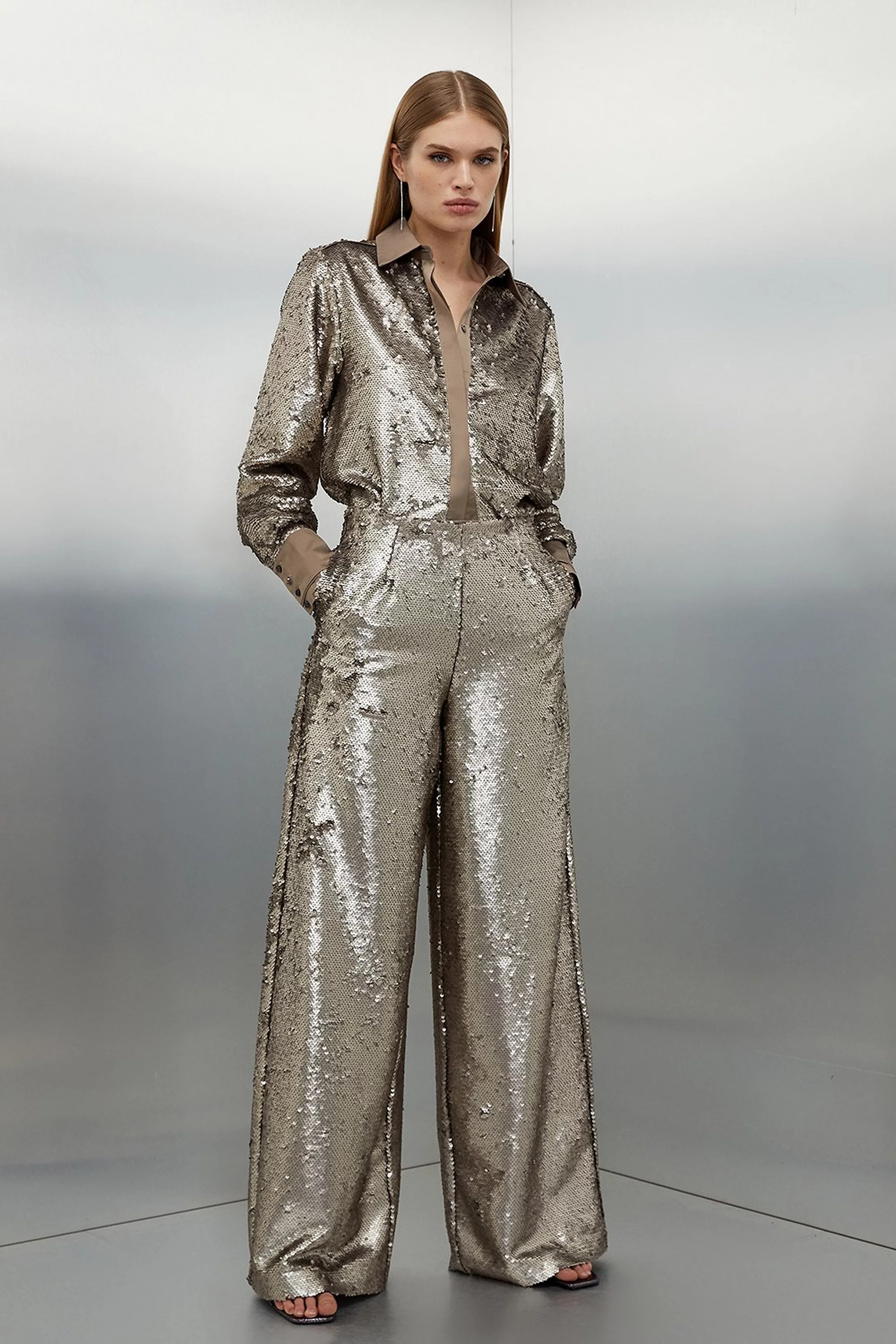 Sequin Woven Wide Leg Trousers | Karen Millen | Karen Millen UK + IE + DE + NL