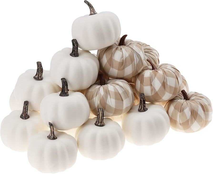 Woration 20 Pack Small Artificial Lifelike Pumpkin Fake White & Beige Plaid Fabric Mini Pumpkins ... | Amazon (US)