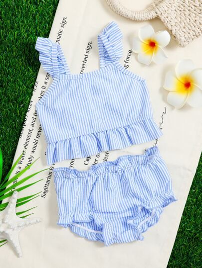 Baby Girl Striped Lettuce Trim Bikini Swimsuit | SHEIN