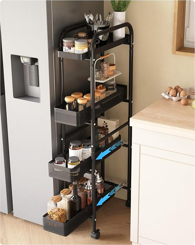 UMDONX Slim Storage Cart 4 Tier with Pull Out Basket Bathroom Organizer Rolling cart, Rolling Uti... | Amazon (US)