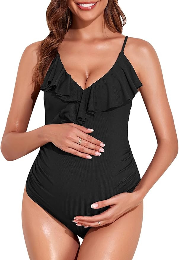 Summer Mae Maternity Ribbed One Piece Swimsuit Ruffle Flounce Bathing Suit V-Neck Preg... | Amazon (US)