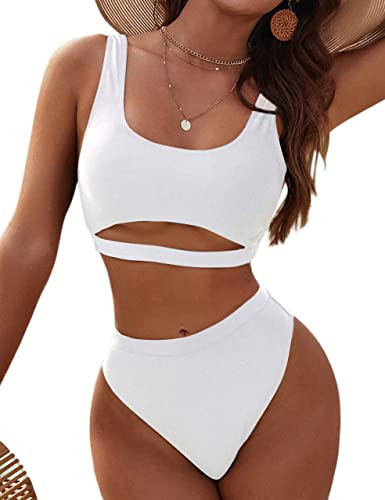Blooming Jelly Women's High Waisted Bikini Sets High Cut Bathing Suits Two Piece Sporty Cut Out Crop Top Swimsuits(Medium,White) | Amazon (US)