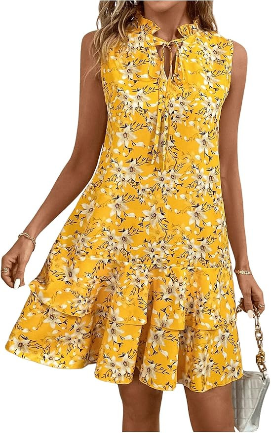 Floerns Women's Floral Notch Neck Ruffle Tiered Dress Tie Front Sleeveless Short Dresses | Amazon (US)