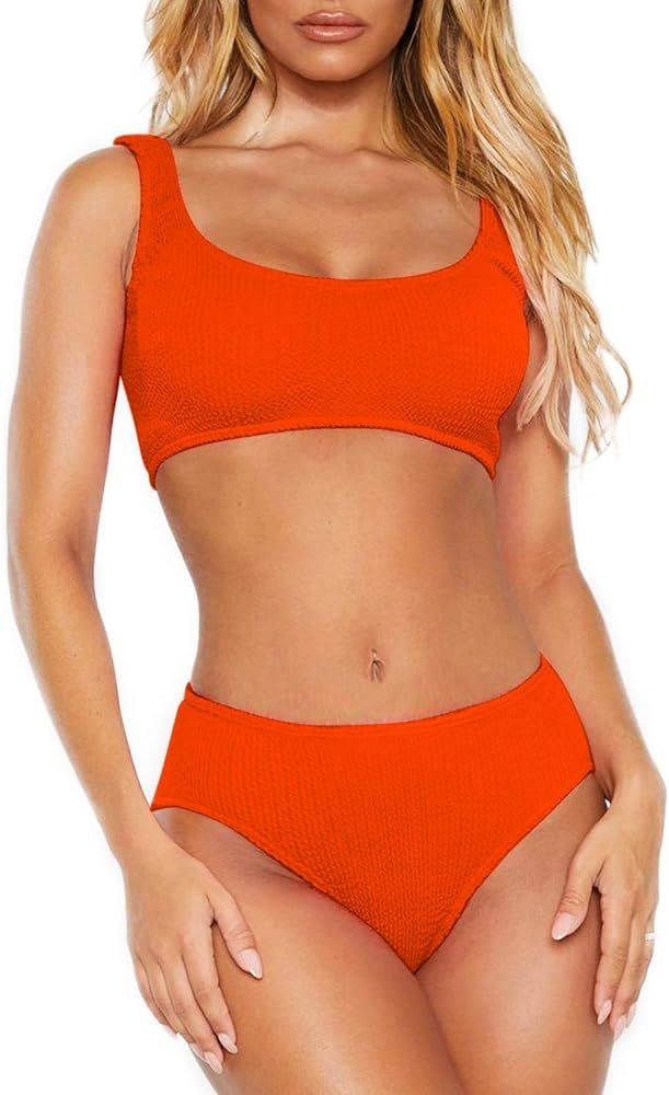 Womens Swimsuits Two Piece Sports Bathing Suits Crop Tops Ribbed Bikini Sets Swimwear Bottoms | Amazon (US)