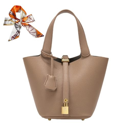 Women's Leather Tote Bag: Fashionable Lock Design Solid Color Bucket Bag Mini Handbag Wallet Handbag (2-Elephant Grey) | Amazon (US)