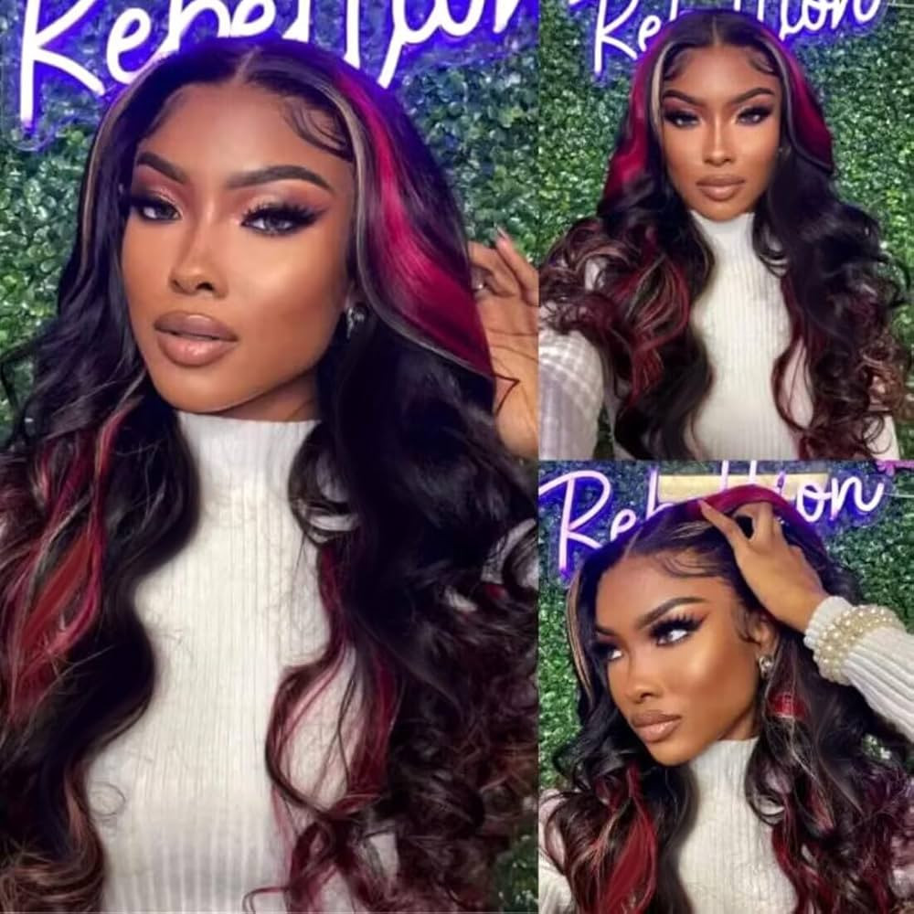 1B/99J Ombre Red Skunk Stripe Wig Wig Pre Plucked 180 Density Lace Front Human Hair Body Wave Red... | Amazon (US)