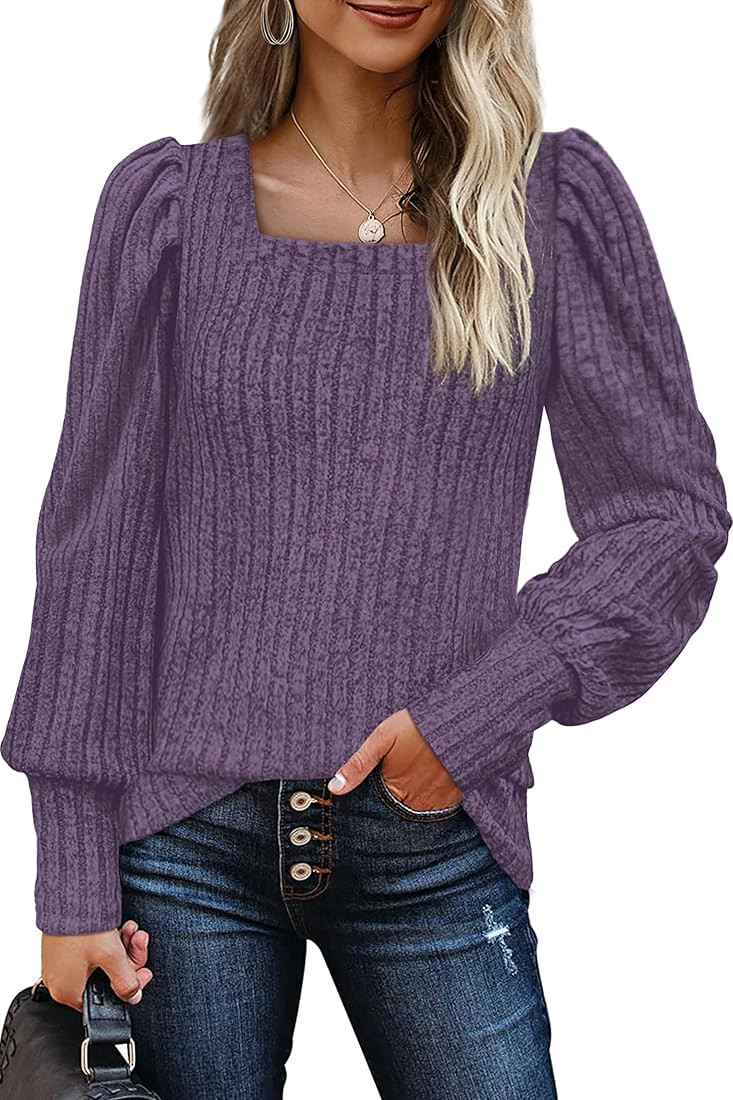 WIHOLL Long Sleeve Shirts for Women Trendy Casual Square Neck Tops Lightweight Sweaters | Amazon (US)
