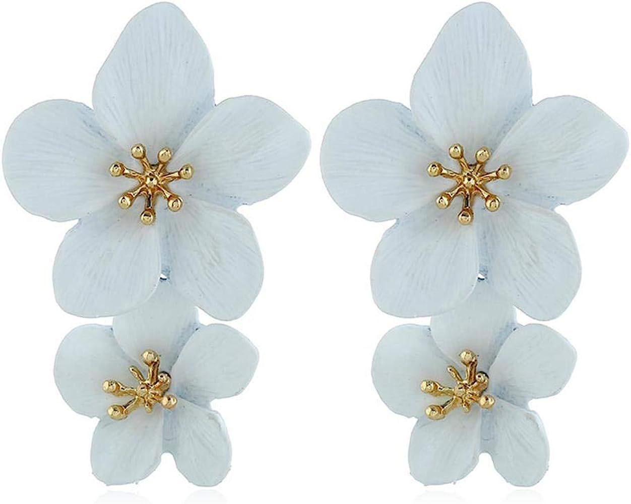 Amazon.com: Large Double Flower Earrings Candy Color Metal Flower Dangle Earrings Romantic Boho S... | Amazon (US)