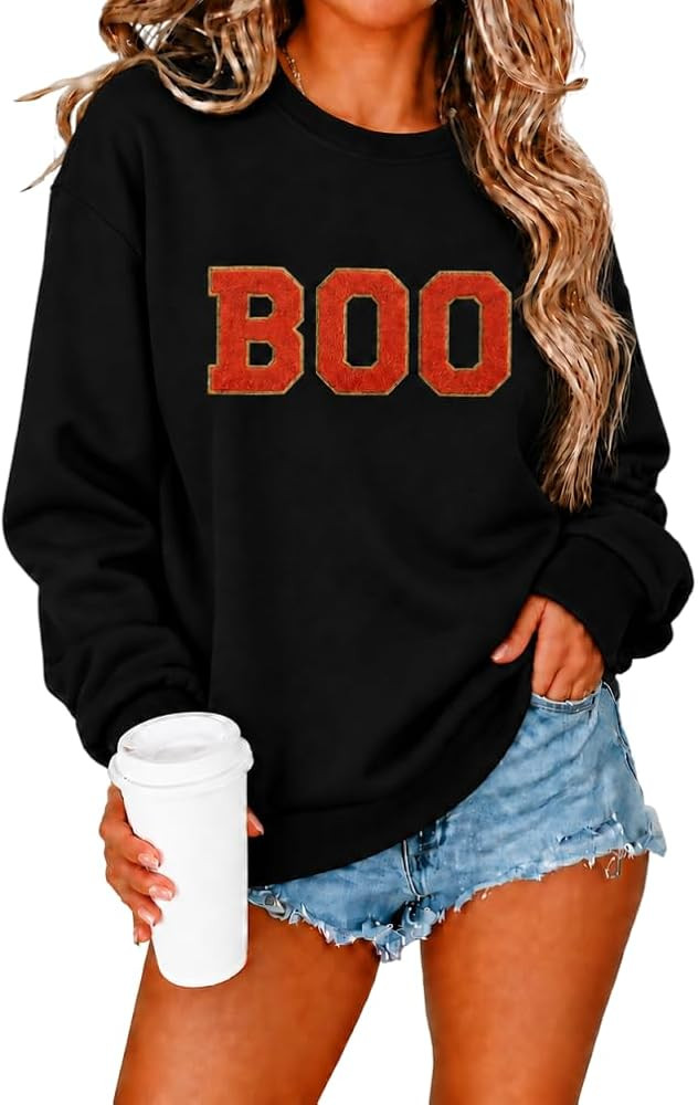 MYHALF Halloween Sweatshirt for Women Boo Embroidered Sweaters Cute Spooky Season Shirt Long Slee... | Amazon (US)