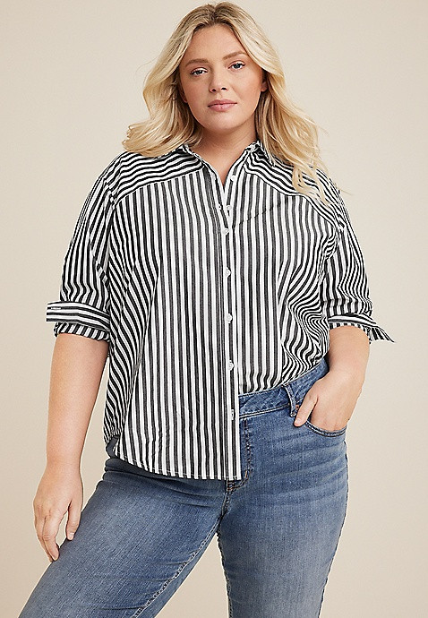 Plus Size 90s Prep Stripe Button Up Shirt | Maurices
