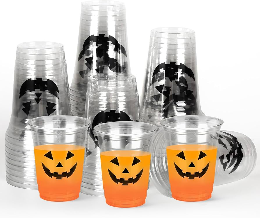 AllReal 100Pcs Halloween Pumpkin Face 12oz Clear Plastic Cups | Amazon (US)