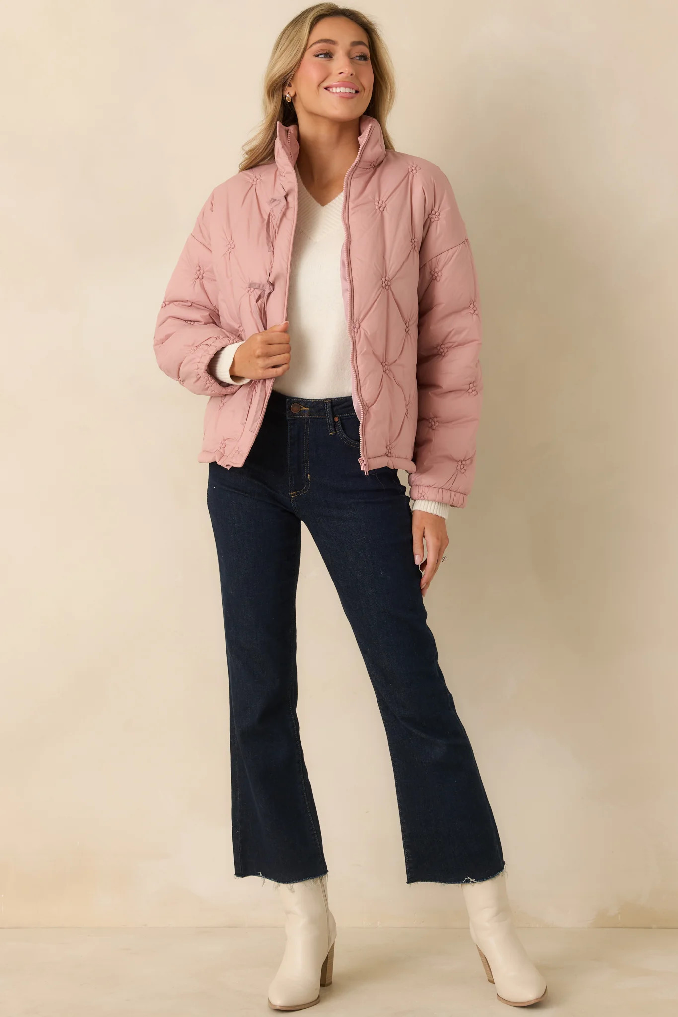 Wrapped Up In You Blush Pink Quilted Puffer Jacket | Red Dress