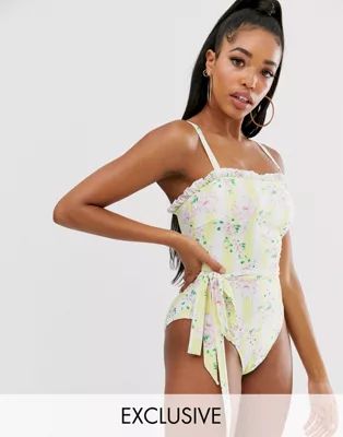 Peek & Beau Fuller Bust Exclusive Eco floral stripe swimsuit with ruffle and belt in yellow D - F... | ASOS (Global)