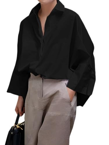 UOOZEE Womens Button Down Shirt Casual Long Sleeve Loose Fit Collared Work Blouse Tops, Black XL | Amazon (US)