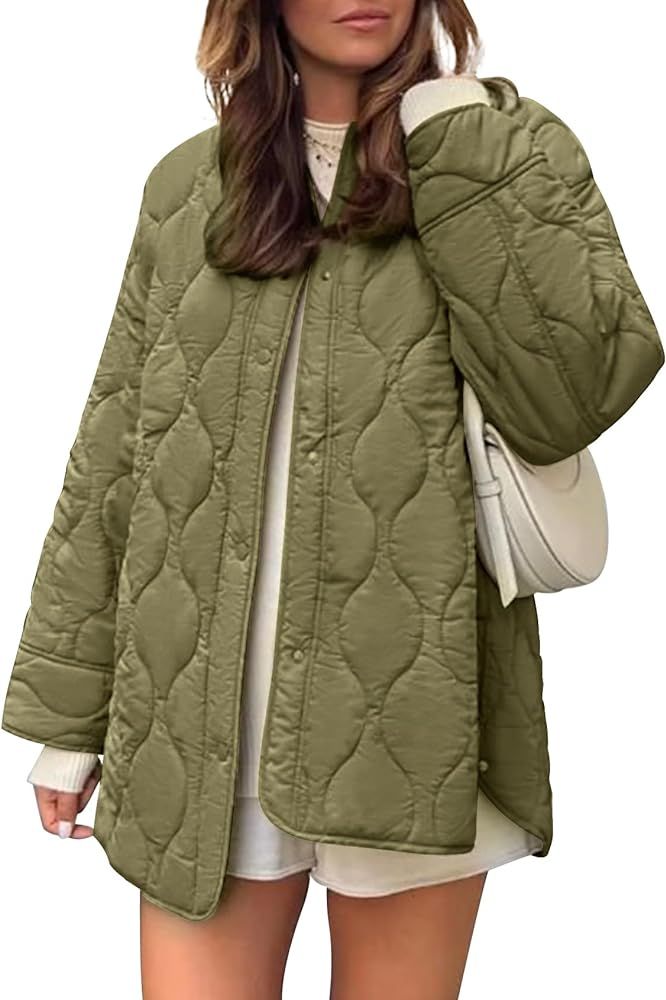 PEHMEA Women's Quilted Jacket Oversized Button Down Coat Fashion Bomber Outerwear with Pockets | Amazon (US)