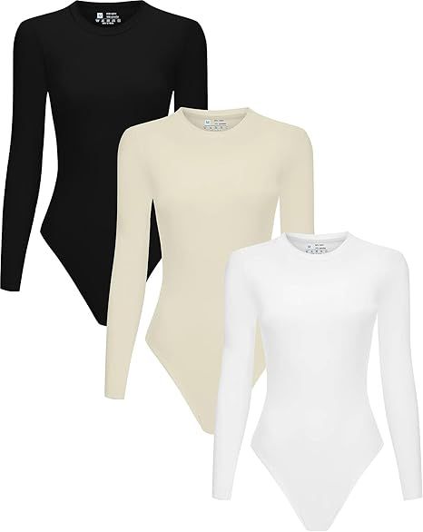 3 Piece Women's Crew Neck Sleeve Long Sleeve T Shirts Tops Bodysuit Jumpsuit | Amazon (US)