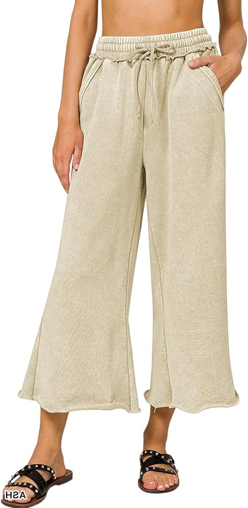 Ainangua Womens Casual Wide Leg Pants High Waist Drawstring Crop Acid Wash Sweatpants Lounge Pala... | Amazon (US)