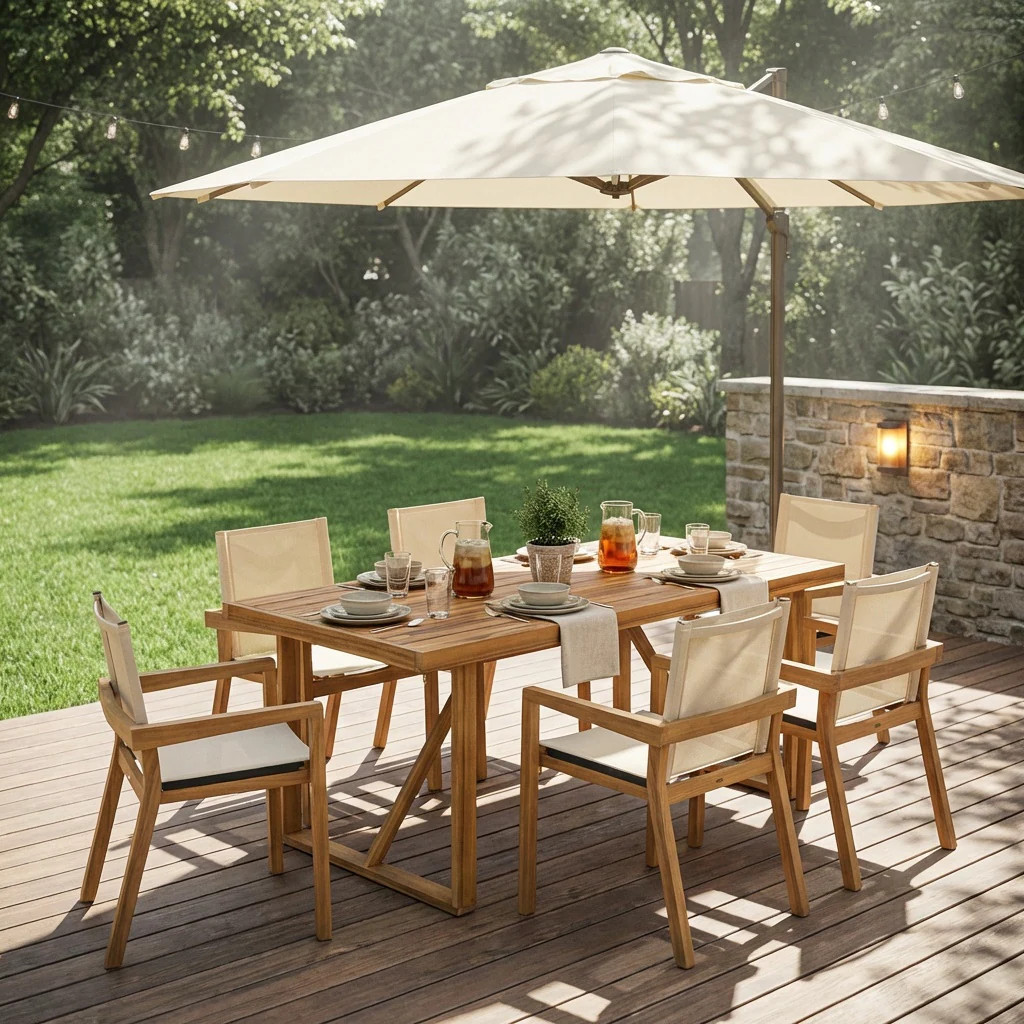 Anysun Modern 7 Piece Outdoor Dining Set Acacia Wood Frame with Beige Mesh Accents 6 Dining Chairs and Large Rectangular Table Teak Style for Patio | Lowe's
