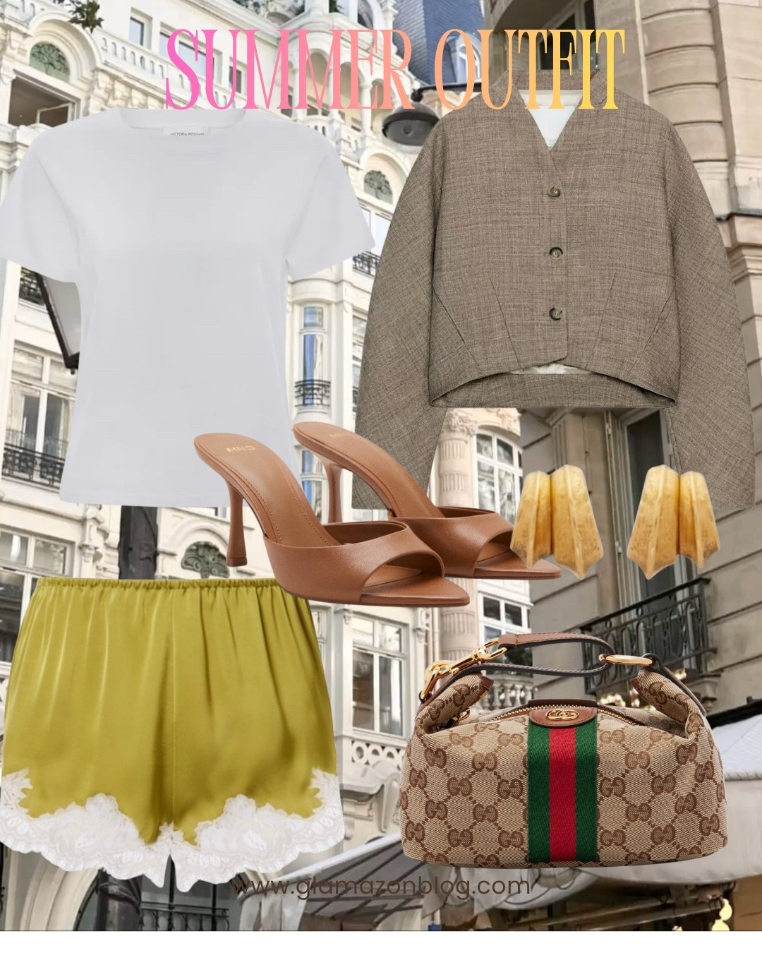 Mytheresa, silk shorts, Victoria Beckham, white shirt, tan mules, Gucci bag, Saint Laurent earrings 

#LTKsummer #LTKeurope #LTKspring