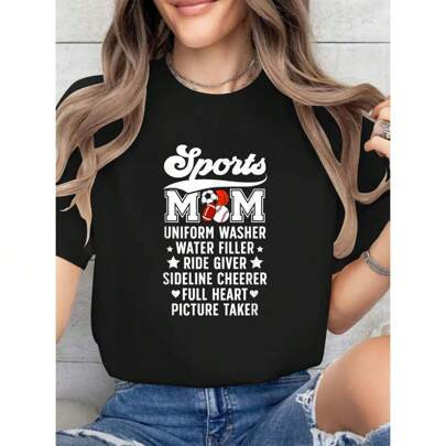 Sports Mom Definition Sports Mama Sports Mother Sport Mom Cotton Printed T-Shirt For Summer, Soft Women's Short Sleeve Top, Fashionable And Comfortabl | SHEIN