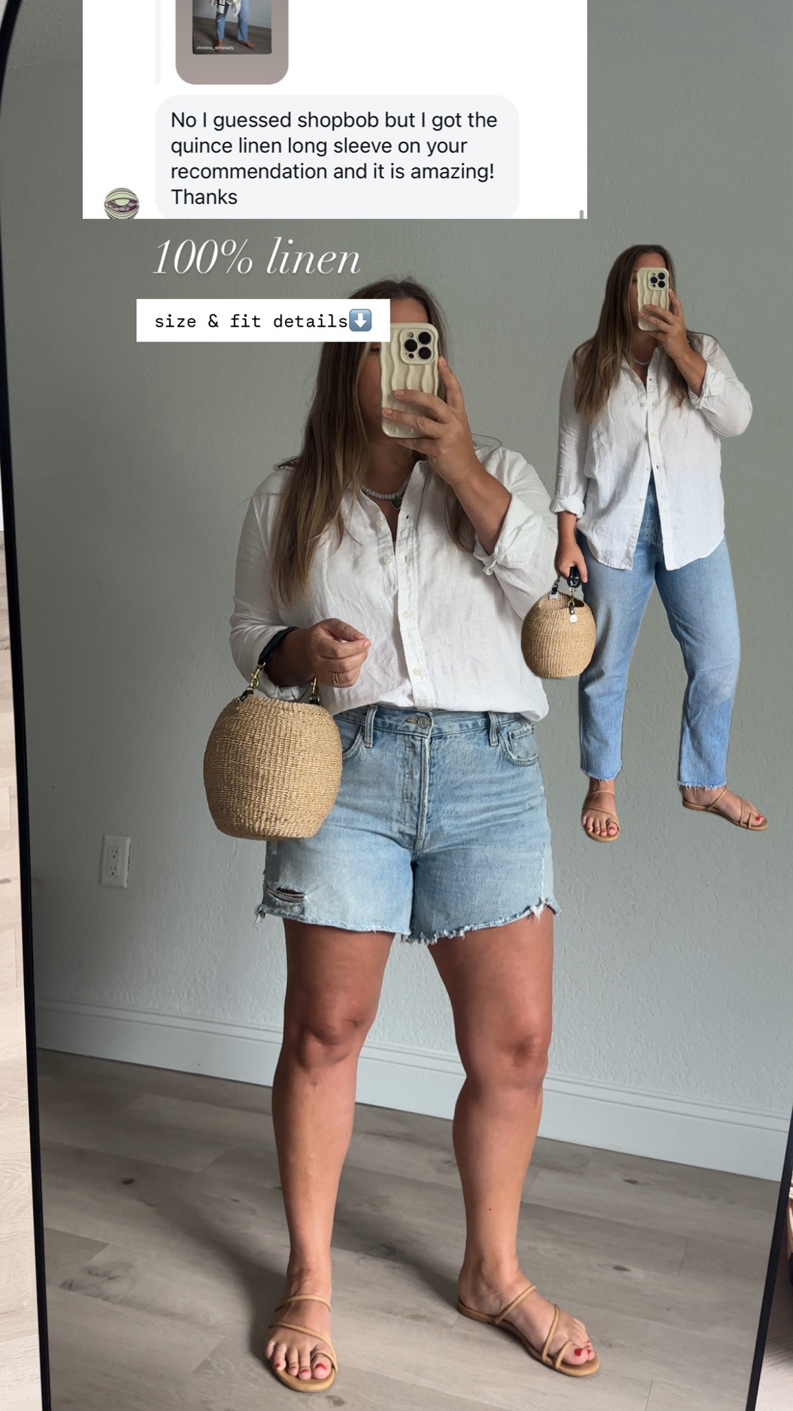 I sizes up in the shirt to a large for roomier fit 

Jeans tts

Shorts i size up one 

Clare v

Reformation

Quince