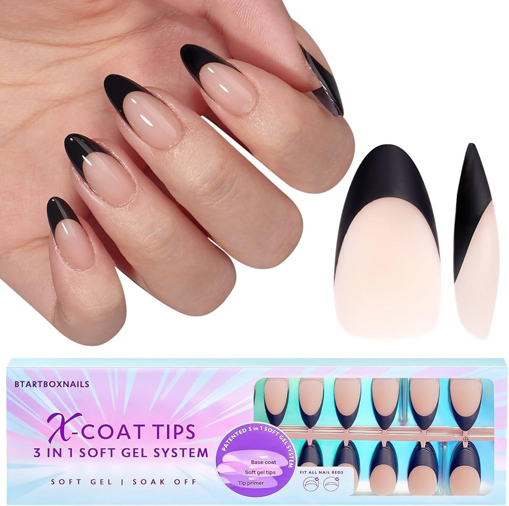 BTArtboxnails French Tip Nails Black, XCOATTIPS French Almond Nail Tips, Nude Soft Gel Nail Tips,... | Amazon (US)