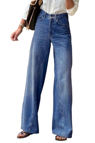 Necooer Boyfriend Jeans for Women Trendy Casual Mid-Rise Straight Leg Baggy Stretchy Jeans Wide Leg Denim Pants Blue | Amazon (US)