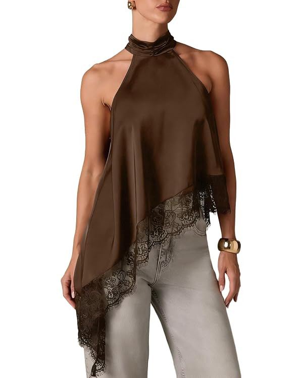 EVALESS Halter Tops for Women Lace Asymmetrical Going Out Satin Tank Top | Country Concert Outfit... | Amazon (US)