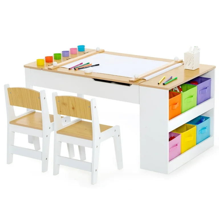 Gymax 2-in-1 Kids Wooden Art Table and Art Easel Set w/ Chairs Paper Roll Storage Bins | Walmart (US)