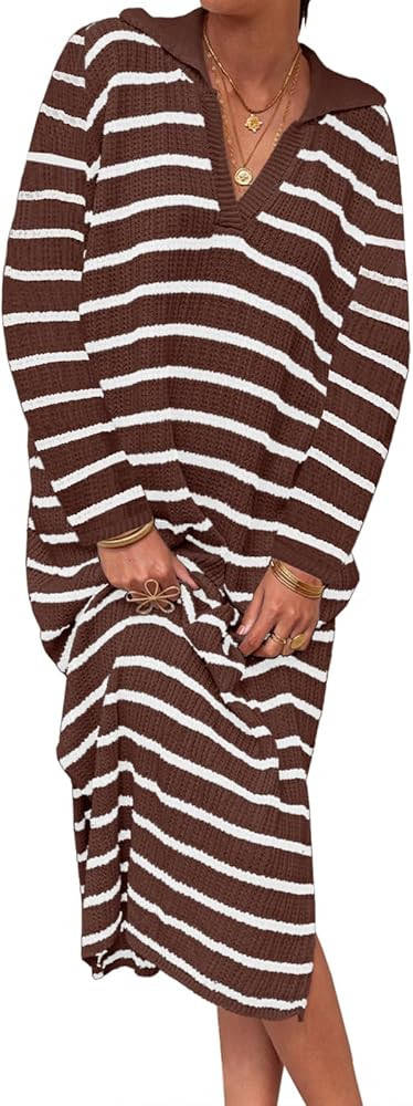 Saodimallsu Womens Striped Sweater Dress Fall Chunky Knit V Neck Collared Long Sleeve Sexy Slit L... | Amazon (US)