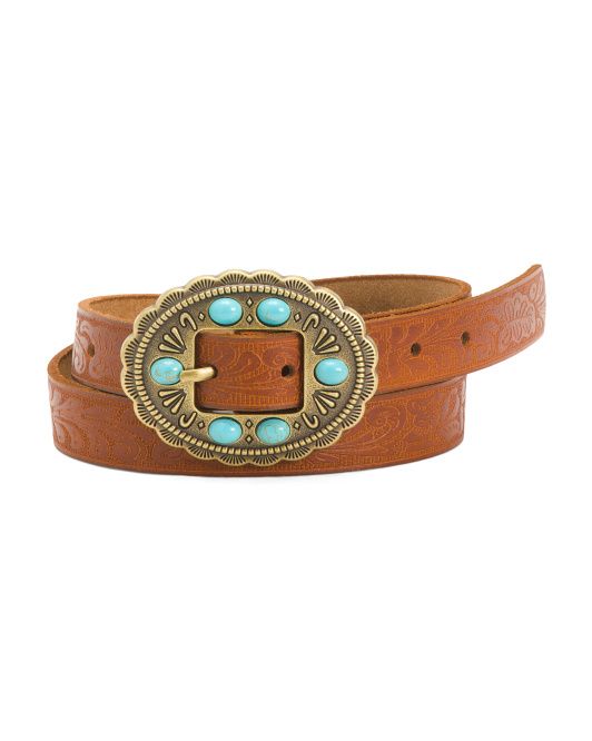 Tooled Leather Belt With Round Turquoise Stone Buckle | Marshalls