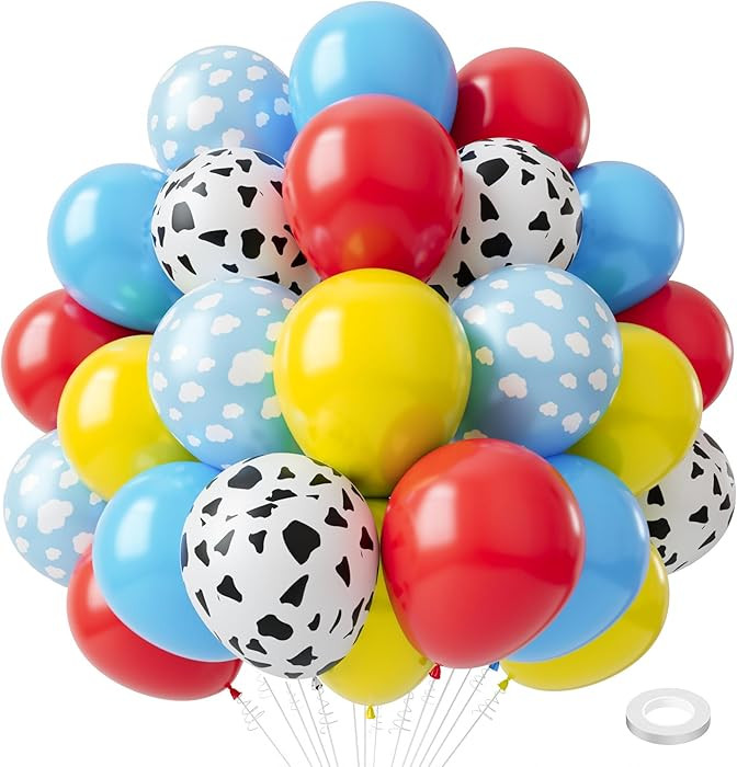 Toy Inspired Story Balloons, 60pcs 12 Inches Cow Pattern Cloud Yellow Red Blue with 1 Ribbon for ... | Amazon (US)