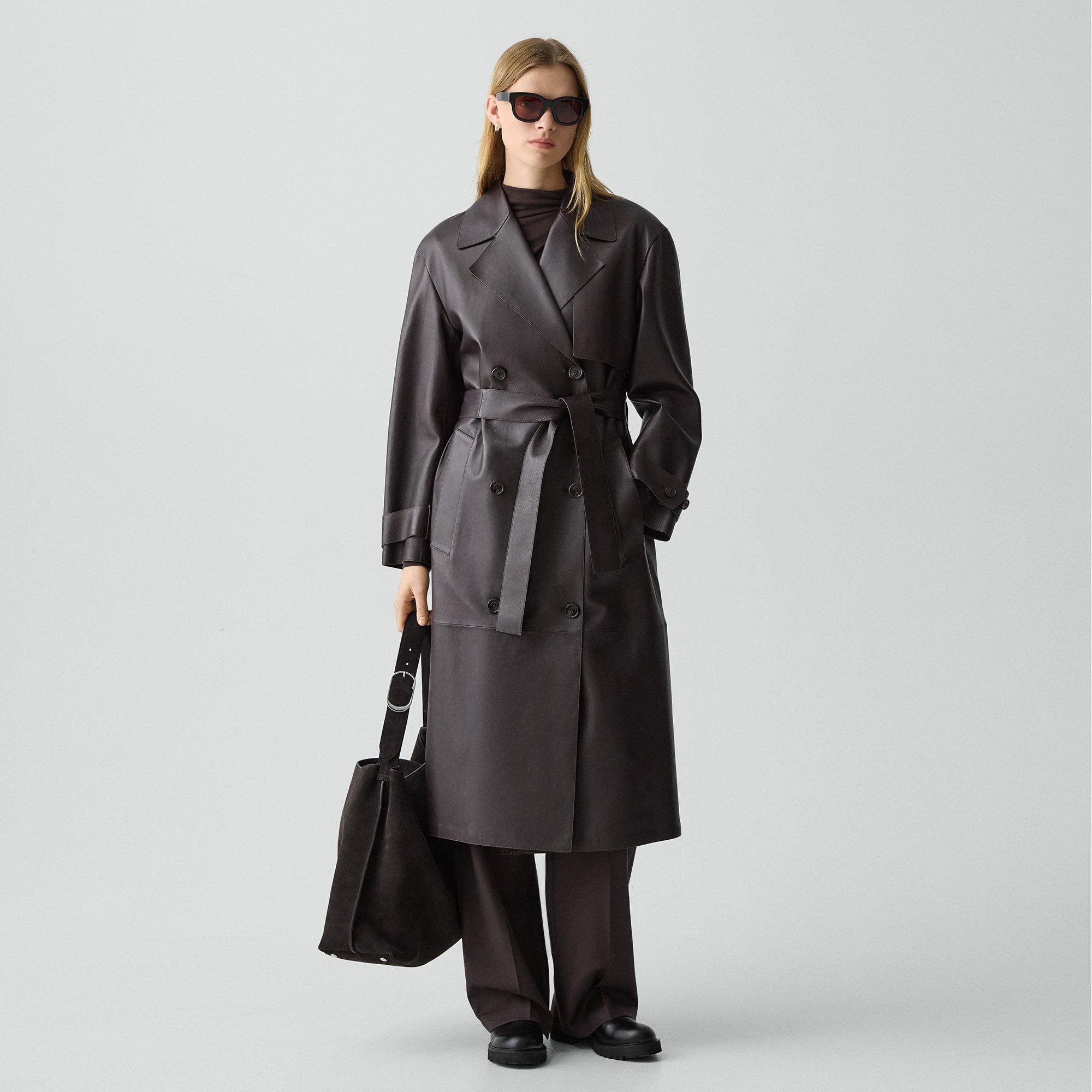Oversized Double-Breasted Trench Coat in Sleek Leather | Theory