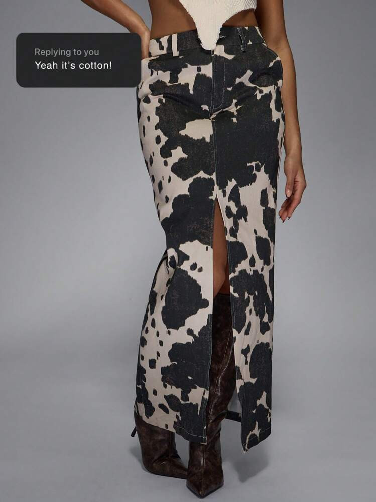 MISSGUIDED Gonna Lunga In Stile Western Con Stampa Di Mucca, Vita Alta, Spacco Frontale, Moda Ranch, Adatta Per L'autunno E L'inverno, Casual, Lunghezza Lunga, Motivo Vintage, Pezzo Di | SHEIN