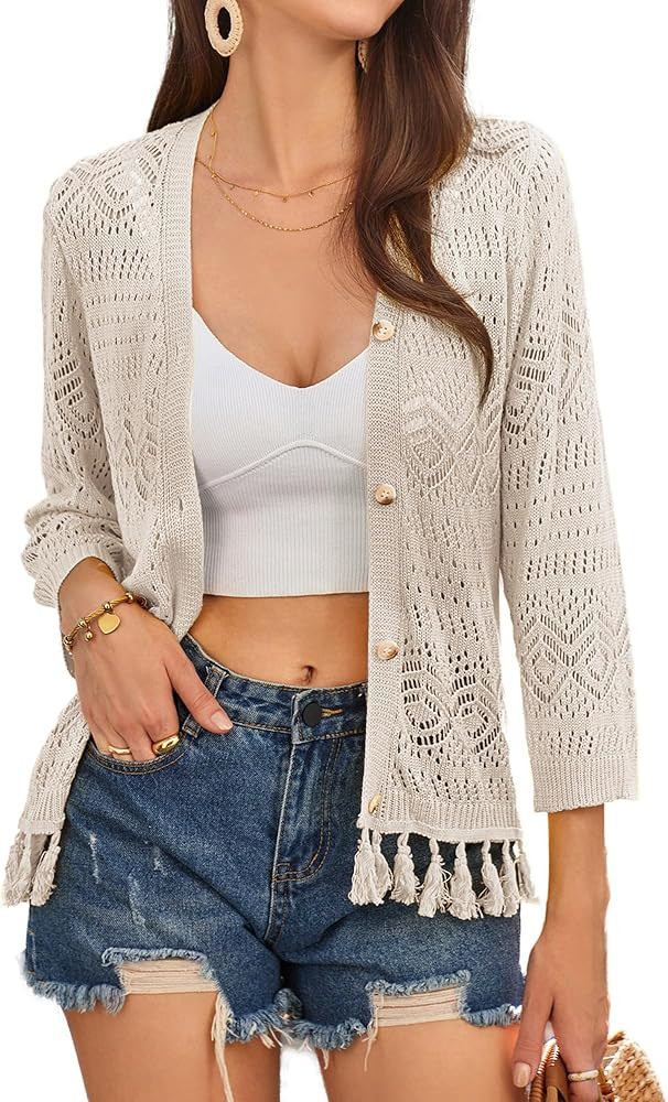 GRACE KARIN Women Fringed Cardigan 2024 Boho Hollowed Out Crochet Knit Shrug 3/4 Sleeve V-Neck Ca... | Amazon (US)