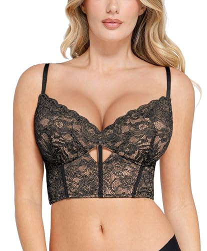 Popilush Corset Tops for Women Big Bust Lace Bralette Deep V Neck Bustier Corsets Top Going Out Outfits Black | Amazon (US)