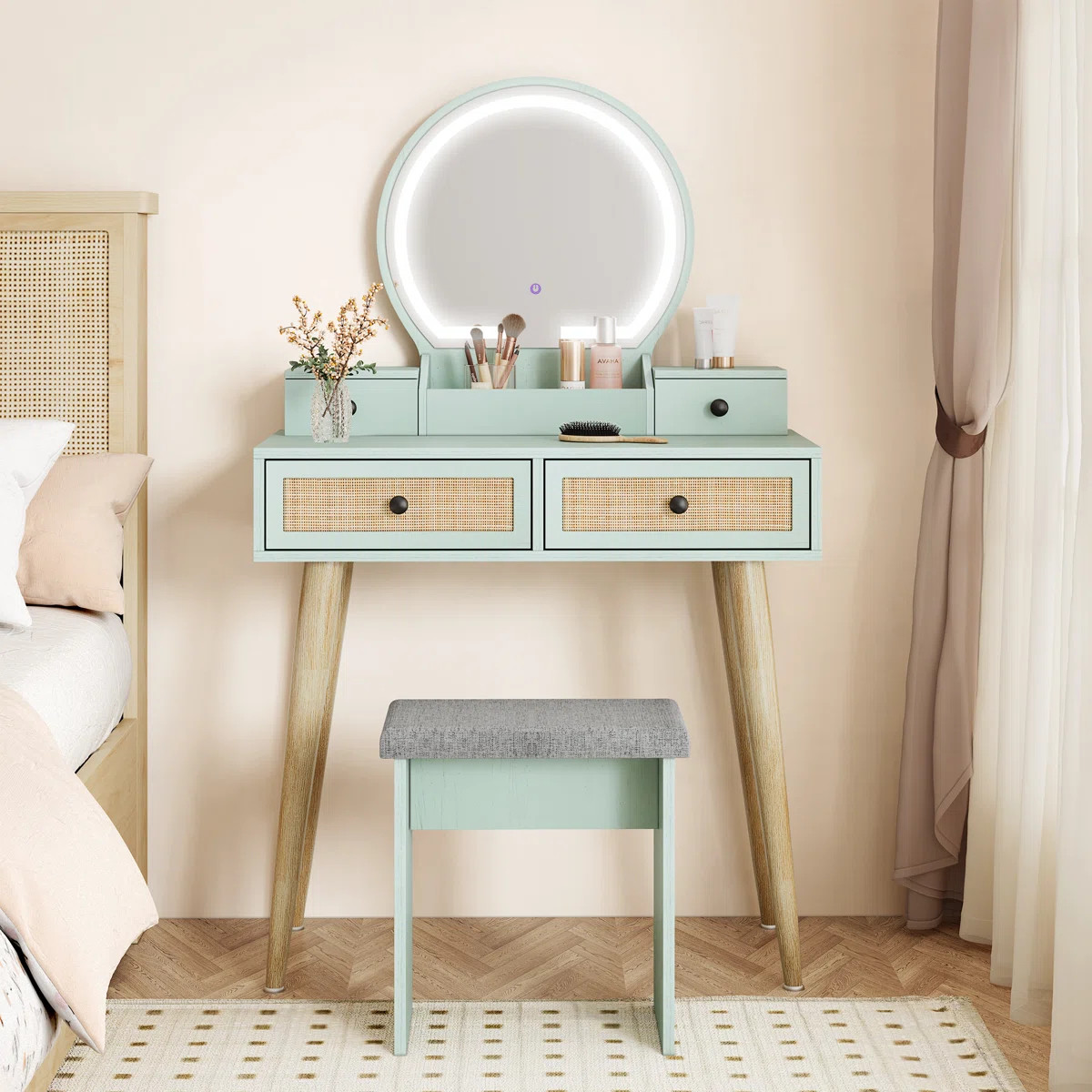 Iesa Boho Natural Rattan Vanity with LED Mirror and Stool | Wayfair North America