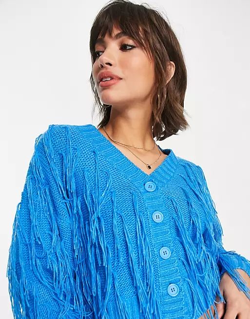 ASOS DESIGN V-neck cardigan with all-over tassels in blue | ASOS (Global)