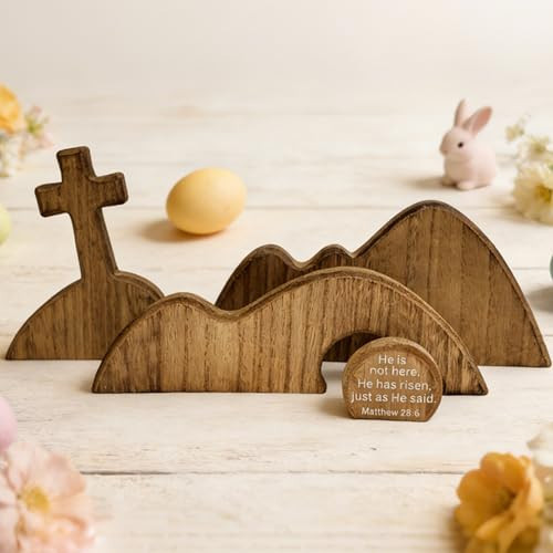 FESTGLOX Wooden Empty Tomb Set with Cross, Empty Tomb Easter Scene for Christian Decoration, Wooden Easter Resurrection Scene for Religious Display, Home Office Tabletop Tray, Church, Shelf Decor | Amazon (US)