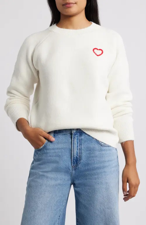 Bobeau Embroidered Heart Sweater in White/Red at Nordstrom, Size Small | Nordstrom