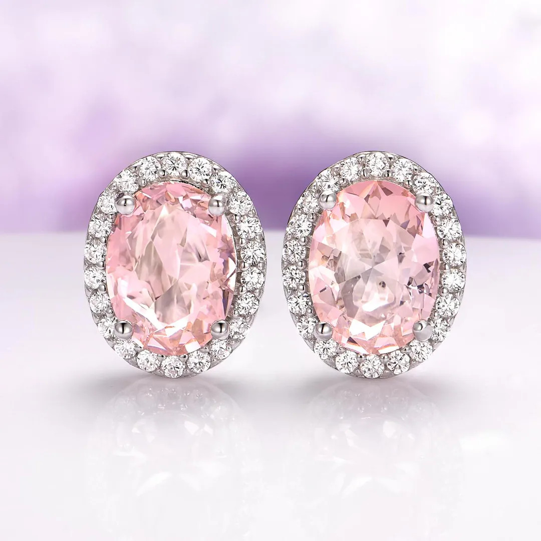 Oval Morganite Stud Earrings in Sterling Silver- Minimalist Dainty Hypoallergenic Blush Pink Earr... | Etsy (US)
